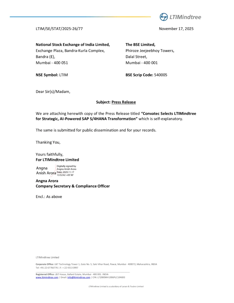 Convatec Picks Tech Partner LTIMindtree to Lead Major AI-Driven SAP Transformation Page1