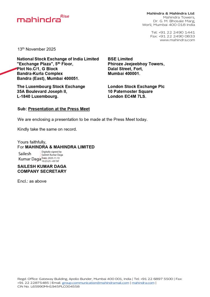 M&M Letter to NSE BSE about press meeting for entry into Life Insurance.