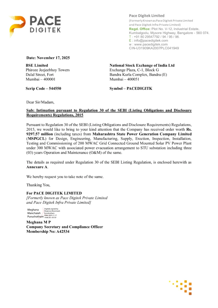 Pace Digitek Ltd. secures a major ₹929.75 crore contract from MSPGCL for a 200 MWAC solar power plant. Get the full details on this significant stock market announcement. Page 1.