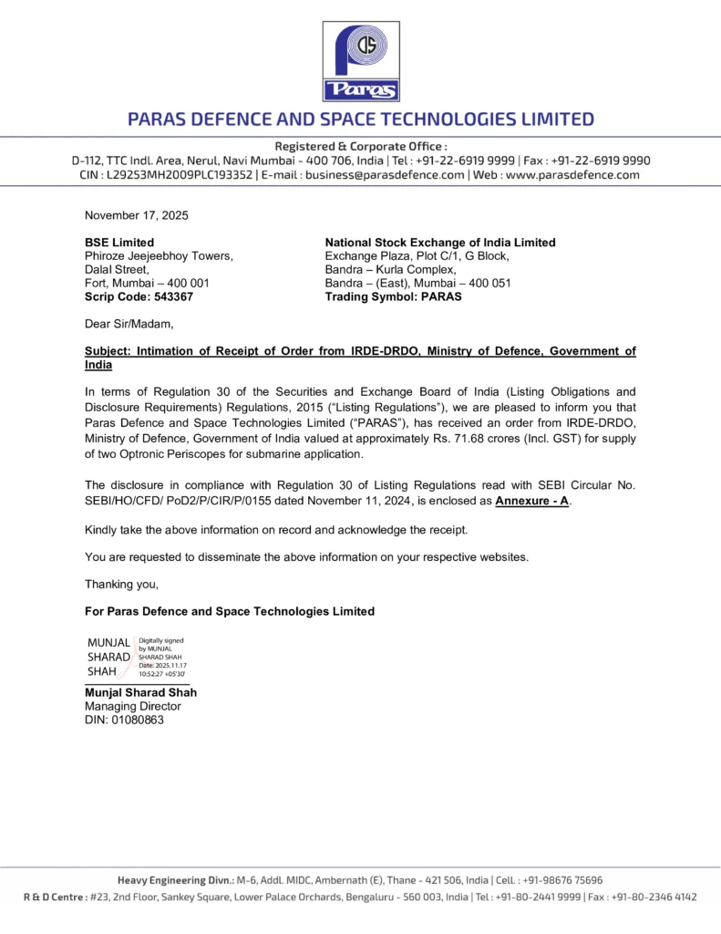 Paras Defence Secures ₹71.68 Crore DRDO Order for Submarine Optronic Periscopes  Letter Page 1