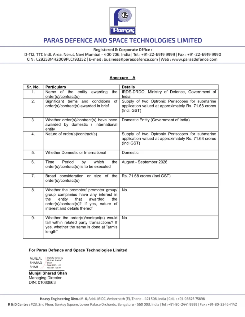 Paras Defence Secures ₹71.68 Crore DRDO Order for Submarine Optronic Periscopes  Letter Page 2