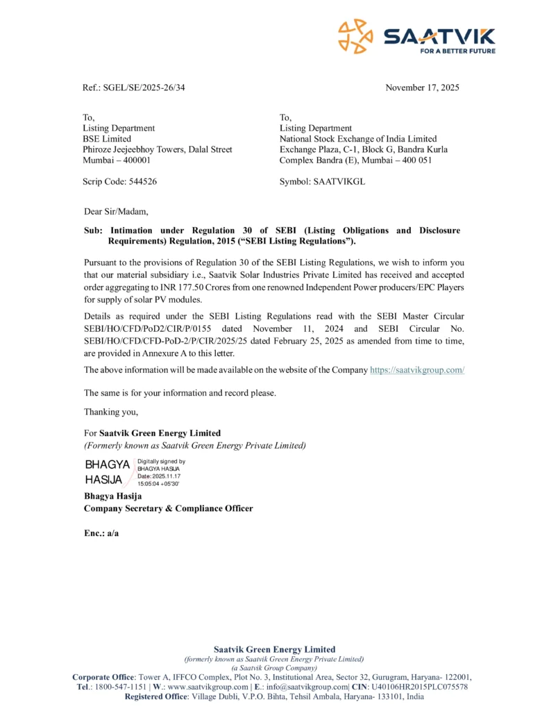 Saatvik Green Energy's Subsidiary Secures Major Solar Module Order Worth INR 177.50 Crores
