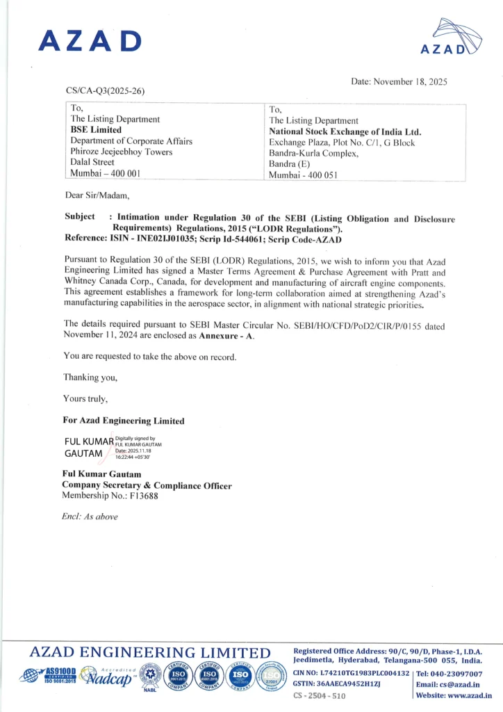 Azad Engineering Signs Landmark Long-Term Agreement with Pratt & Whitney Canada for Aircraft Engine Components 1