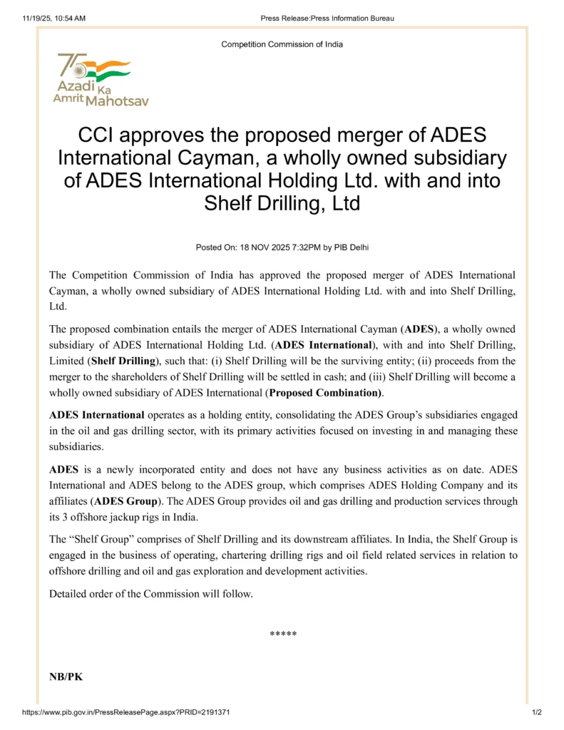 CCI Greenlights Merger: ADES International Holding to Acquire Shelf Drilling, Ltd. in Strategic Offshore Drilling Consolidation Page 1